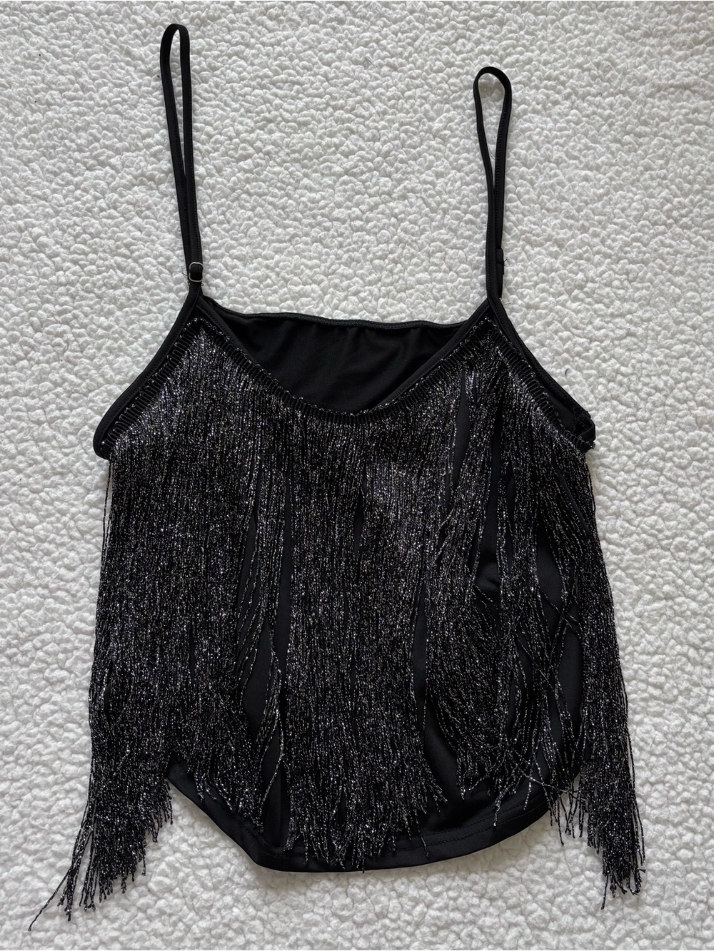 Black Metallic Shimmer Fringe Cami Tank Top XXL Festival coachella rave Goth Y2K